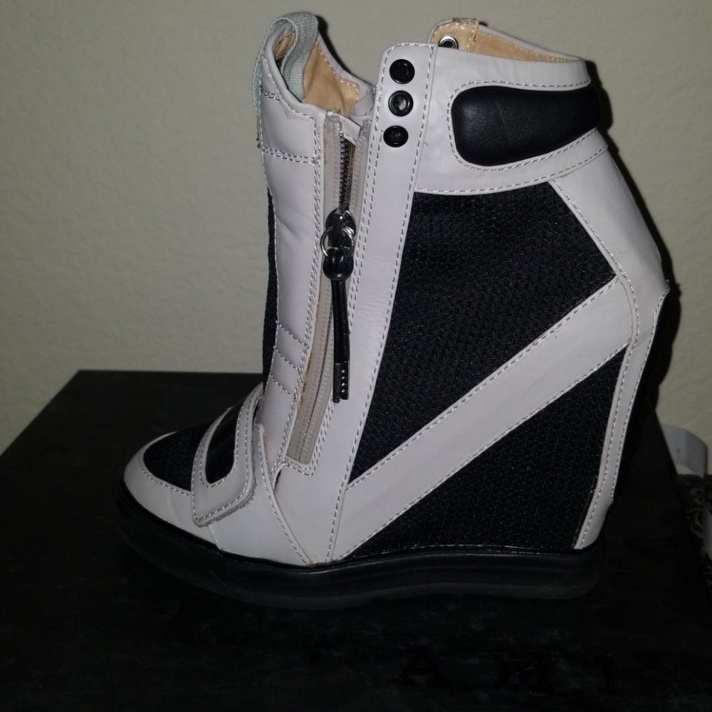 LAMB Nala black grey leather wedge sneakers 7.5